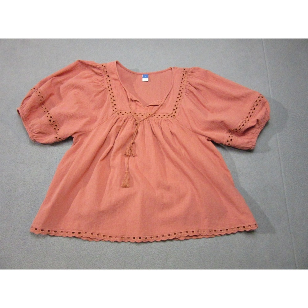 Old Navy Top Womens Medium Orange Tie Neck Blouse Eyelet Trim Puff Sleeve Y2K